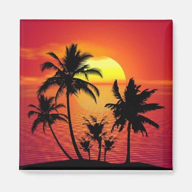 Imán Atardecer tropical, hermoso ilustracion, (Frente)