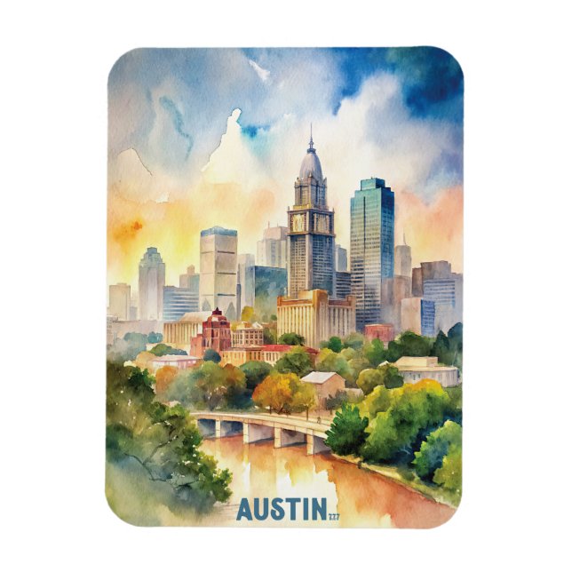 Imán Austin City Watercolor Painting (Vertical)