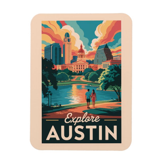 Imán Austin Texas Skyline Travel Art Vintage (Vertical)