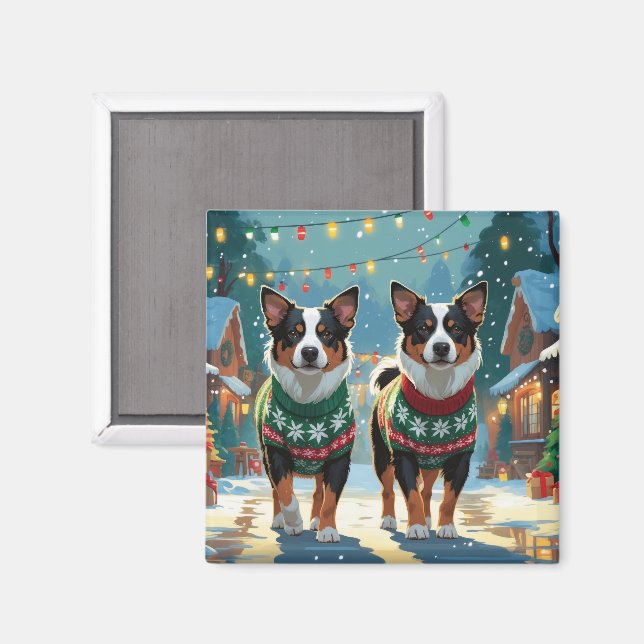 Imán Australian Cattle Dogs Christmas Snow Holiday (Anverso/Reverso)
