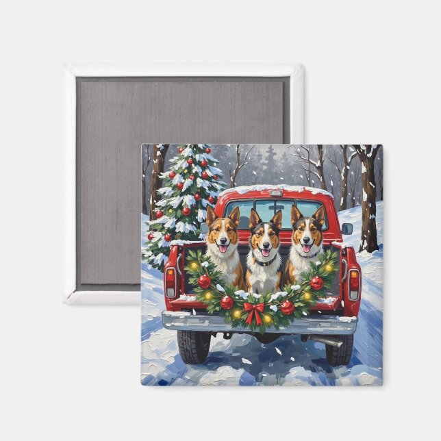 Imán Australian Kelpie Christmas Red Truck Holiday (Anverso/Reverso)