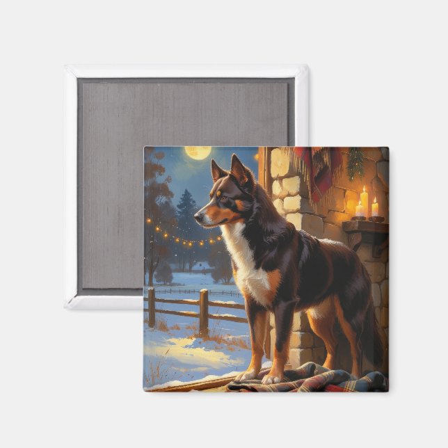 Imán Australian Kelpie Con Luces De Navidad Fiesta (Anverso/Reverso)