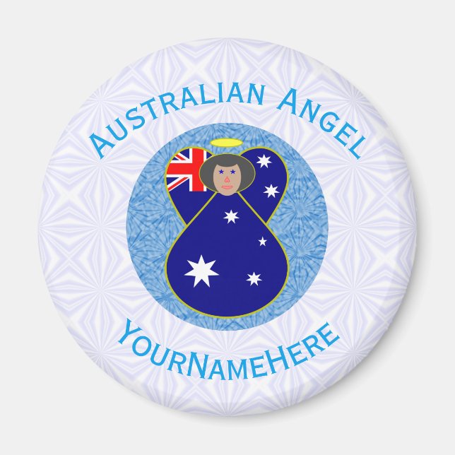 Imán Australiano Angel Azul Blanco Personalizado (Frente)