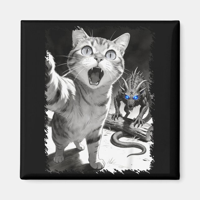 Imán Autorretrato de gato con chupacabra divertida meme (Frente)