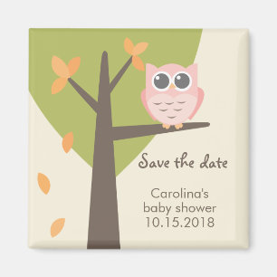 Imán Autumn Tree Pink Owl Baby Shower Guardar la fecha