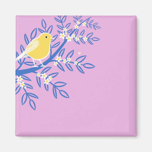 Imán Ave amarilla ilustrada en un fondo rosado (Frente)