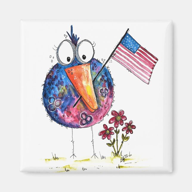 Imán Ave patriótica caprichosa con bandera (Frente)