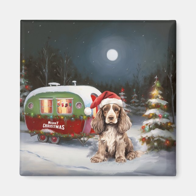 Imán Aventura de Navidades de Caravana Español Cocker (Frente)