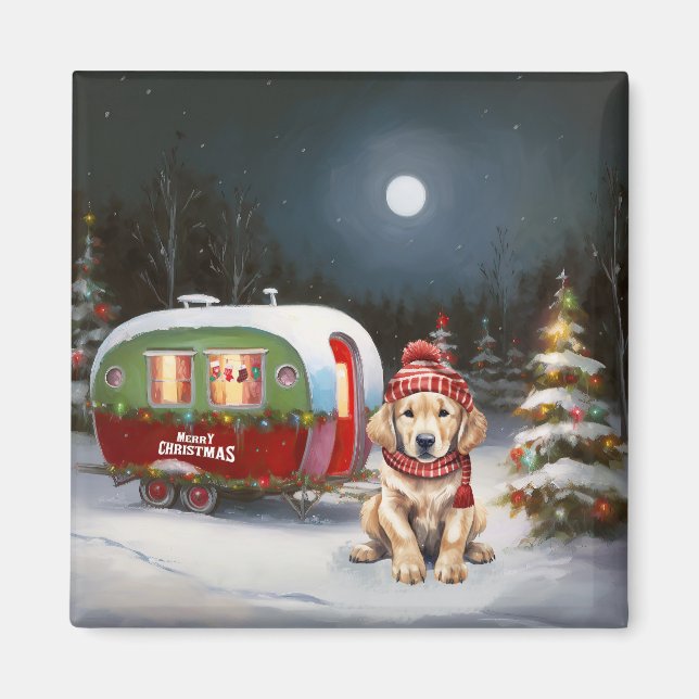 Imán Aventura de Navidades de la caravana Golden Retrie (Frente)