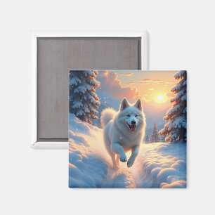 Imán Aventura Navideña de Samoyed en Montaña Nevada