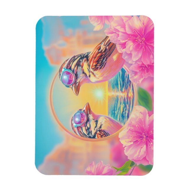 Imán Aves Guay con gafas de sol al atardecer (Vertical)