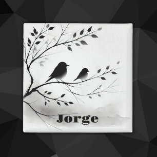 Imán Aves simples blancas y negras perfilando en árbole