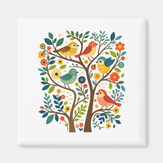 Imán Aves y flores Arte folclórico escandinavo (Frente)