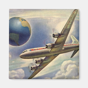 Imán Avión de época volando por el mundo en nubes