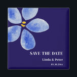 Imán Azul acuarela Guardar el Boda de fecha<br><div class="desc">Las acuarelas sencillas y elegantes ahorran el imán boda de fecha. El ilustracion de la flor azul es perfecto para acompañar a tu boda de temática azul. Ilustrado y diseñado por Patricia Álvarez.</div>