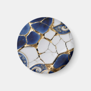 Imán Azul Blanco Oro Kintsugi Porcelana Mosaico