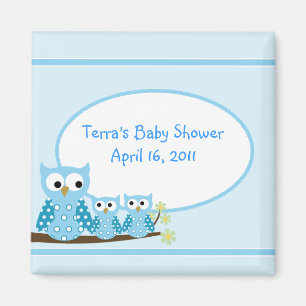 Imán AZUL del favor de Baby Shower de los BÚHOS