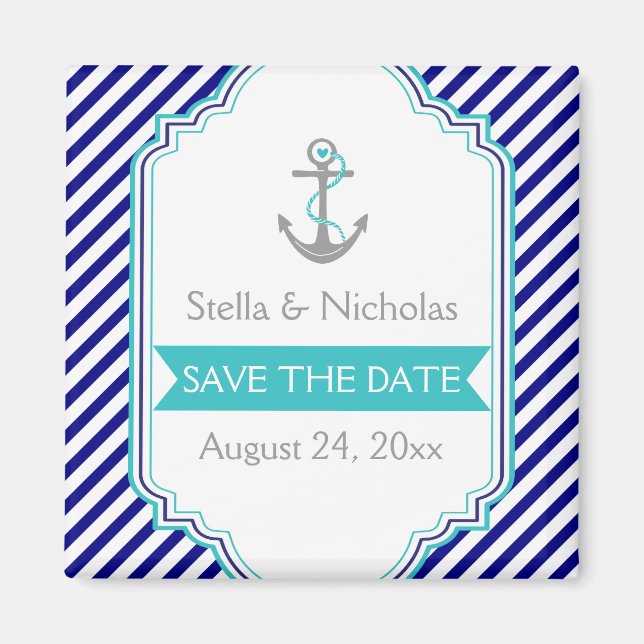 Imán Azul marino, acuático Save the Date de boda náutic (Frente)
