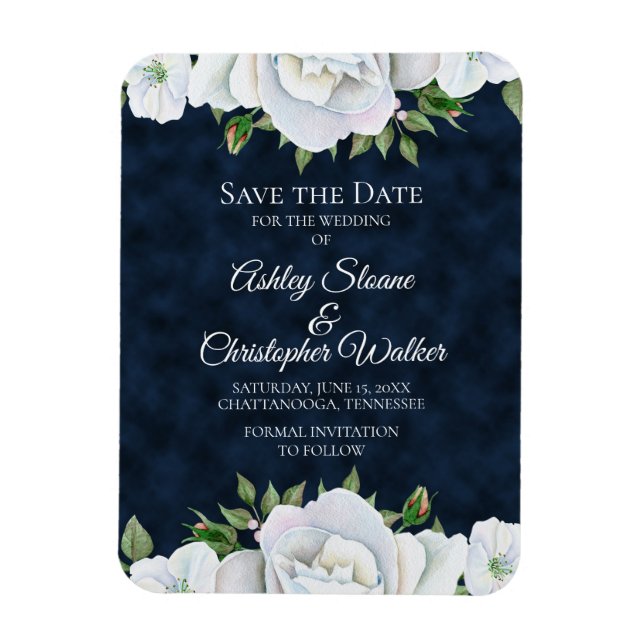Imán Azul Marino Blanco Floral Boda Save the Date (Vertical)
