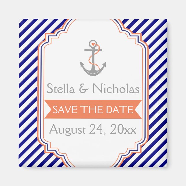 Imán Azul marino, boda náutica de coral Salven la fecha (Frente)
