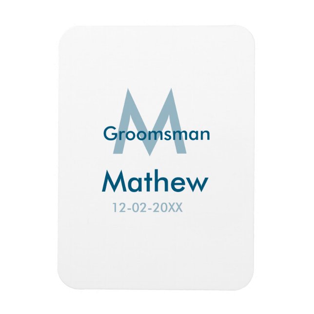 Imán Azul marino groomsman nombre letra fecha masculino (Vertical)