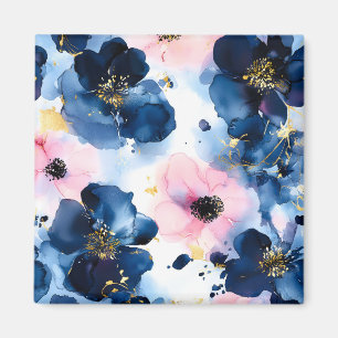 Imán Azul Marino Rosado Dorado Floral Acuarela