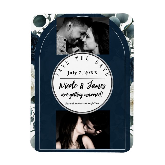 Imán Azul Oscuro y Blanco Moderno Floral Verde Fecha de (Vertical)