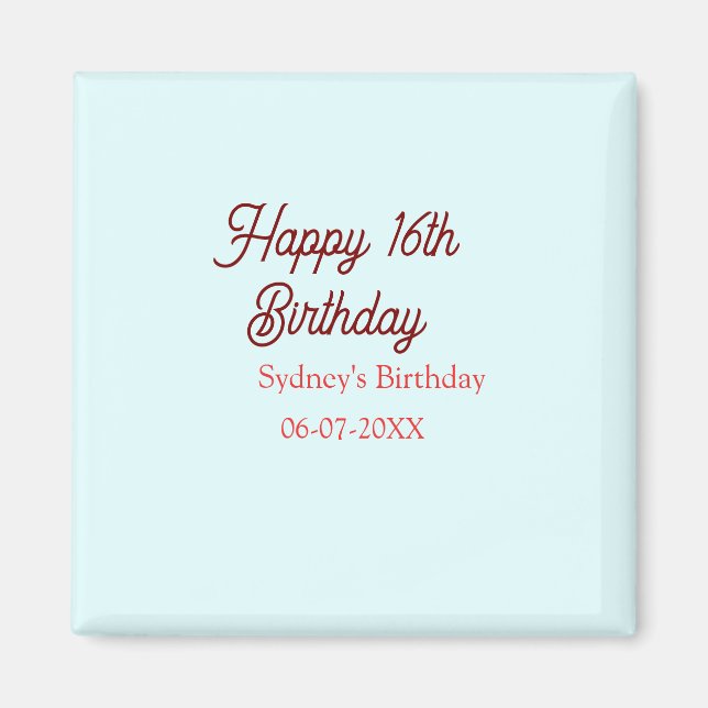 Imán Azul pastel rojo feliz cumpleaños 16 nombre fecha  (Frente)