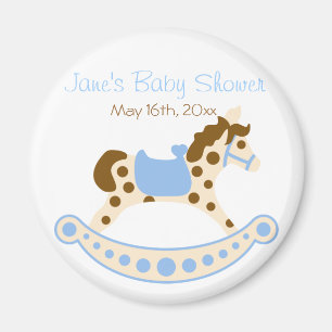 Imán azul redondo de Baby Shower del caballo
