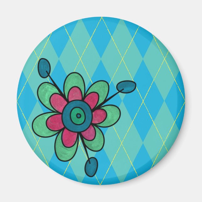 Imán Azul y Aqua Argyle y Flores (Frente)