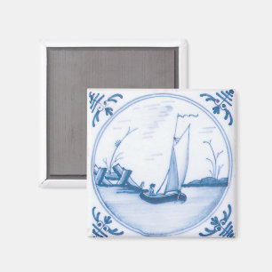 Imán Azulejo de arte de barco de vela Delft vintage bla
