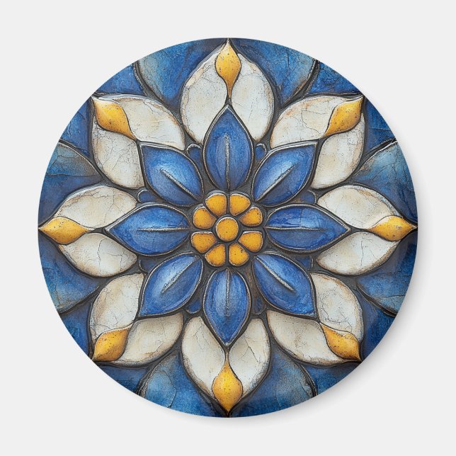 Imán Azulejo floral Blanco azul y amarillo (Frente)