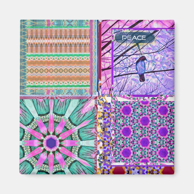 Imán Azulejos azulejos geométricos con pájaro de la paz (Frente)