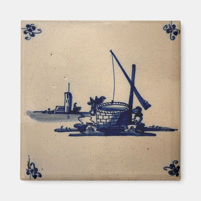 Imán Azulejos azules clásicos anticuarios Delft - Pozo  (Frente)