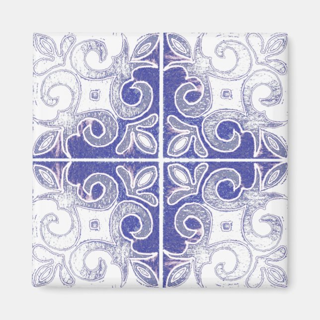 Imán Azulejos portugueses inspiran a Swirl Blue White (Frente)