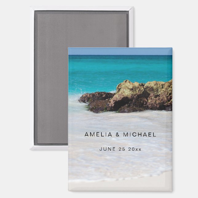 Imán Azure Sea Sandy Beach Photo Wedding Save the Date (Anverso/Reverso)