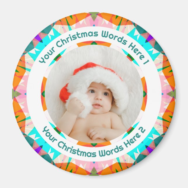 Imán Baby First Christmas Orange Teal Family Photo Gift (Frente)