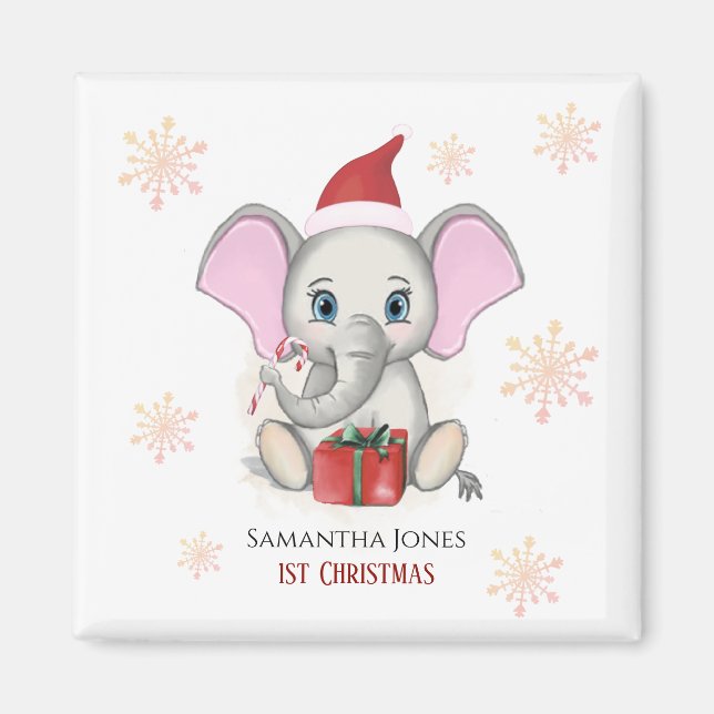 Imán Baby Girl First Christmas Cute Elephant Holidays (Frente)