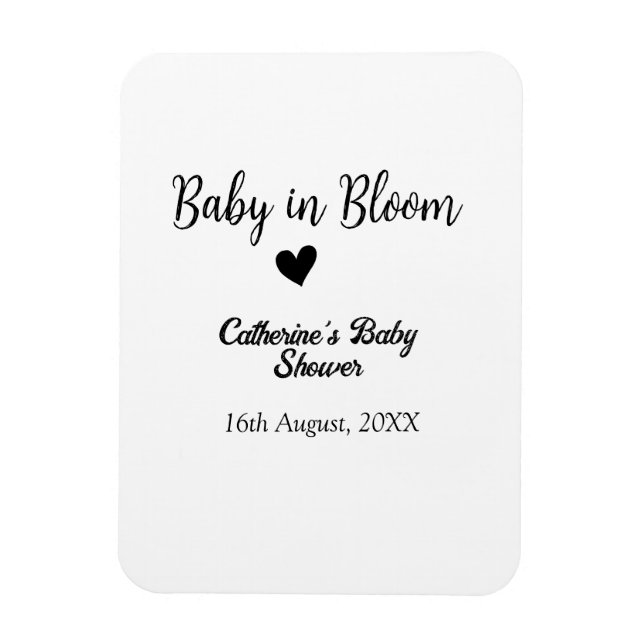 Imán Baby in bloom baby shower simple black heart date (Vertical)