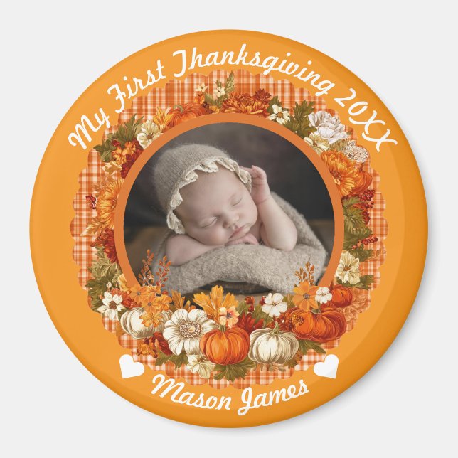 Imán Baby’s First Thanksgiving Fall Floral Photo (Frente)