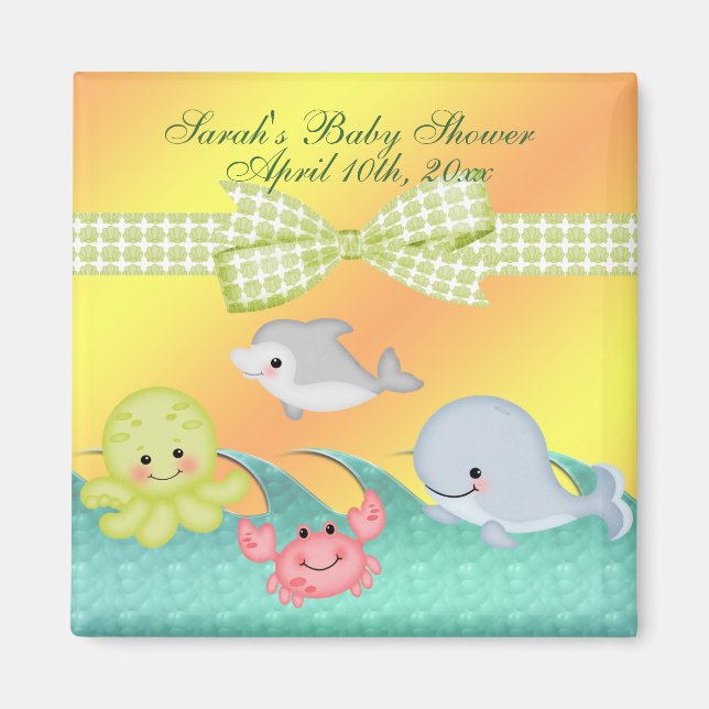 Imán Baby Shower de criaturas del mar para bebés alegre (Frente)