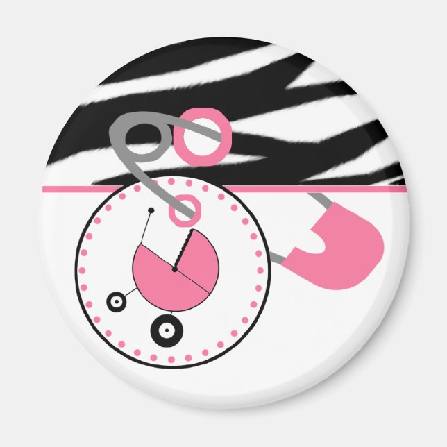 Imán Baby Shower Magnet - Pin de papel de cebra y pañal (Frente)