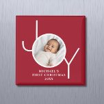 Imán Baby's First Christmas Photo Red<br><div class="desc">This stylish Baby's First Christmas Photo Magnet features the word "JOY" on a red maroon background.
Easily customizable with your photo,  name,  and year. It makes a special keepsake for family and friends.</div>