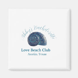 Imán Bachelorette party beach club blue sea shell name 