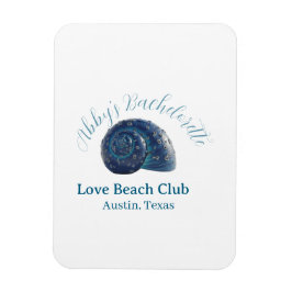 Imán Bachelorette party beach club blue sea shell name 