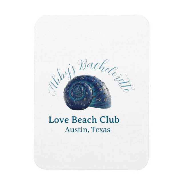 Imán Bachelorette party beach club blue sea shell name  (Vertical)