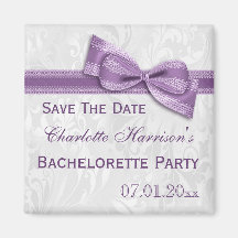 Bachelorette White Damask & Faux Bow Save The Date