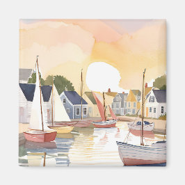 Imán Bahía de Barcos | Pintura en acuarela de agua del 