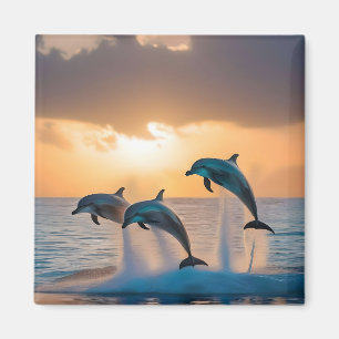 Imán Bailando en el atardecer: Tres delfines saltando
