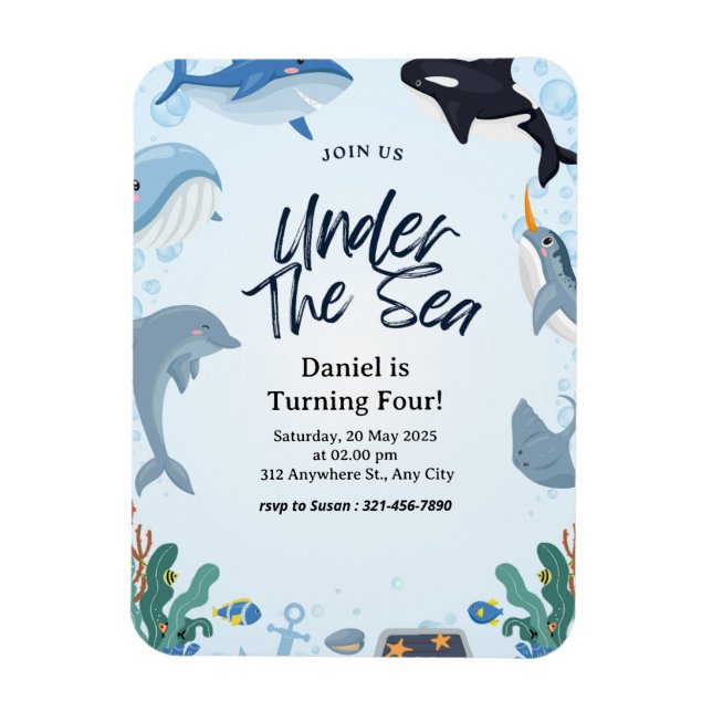 Imán Bajo el mar Delfín Tiburón Ballenas Cumpleaños Niñ (Vertical)